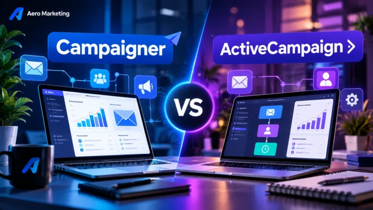 Campaigner vs ActiveCampaign comparison showing email marketing dashboards, automation workflows, analytics, and key differences.